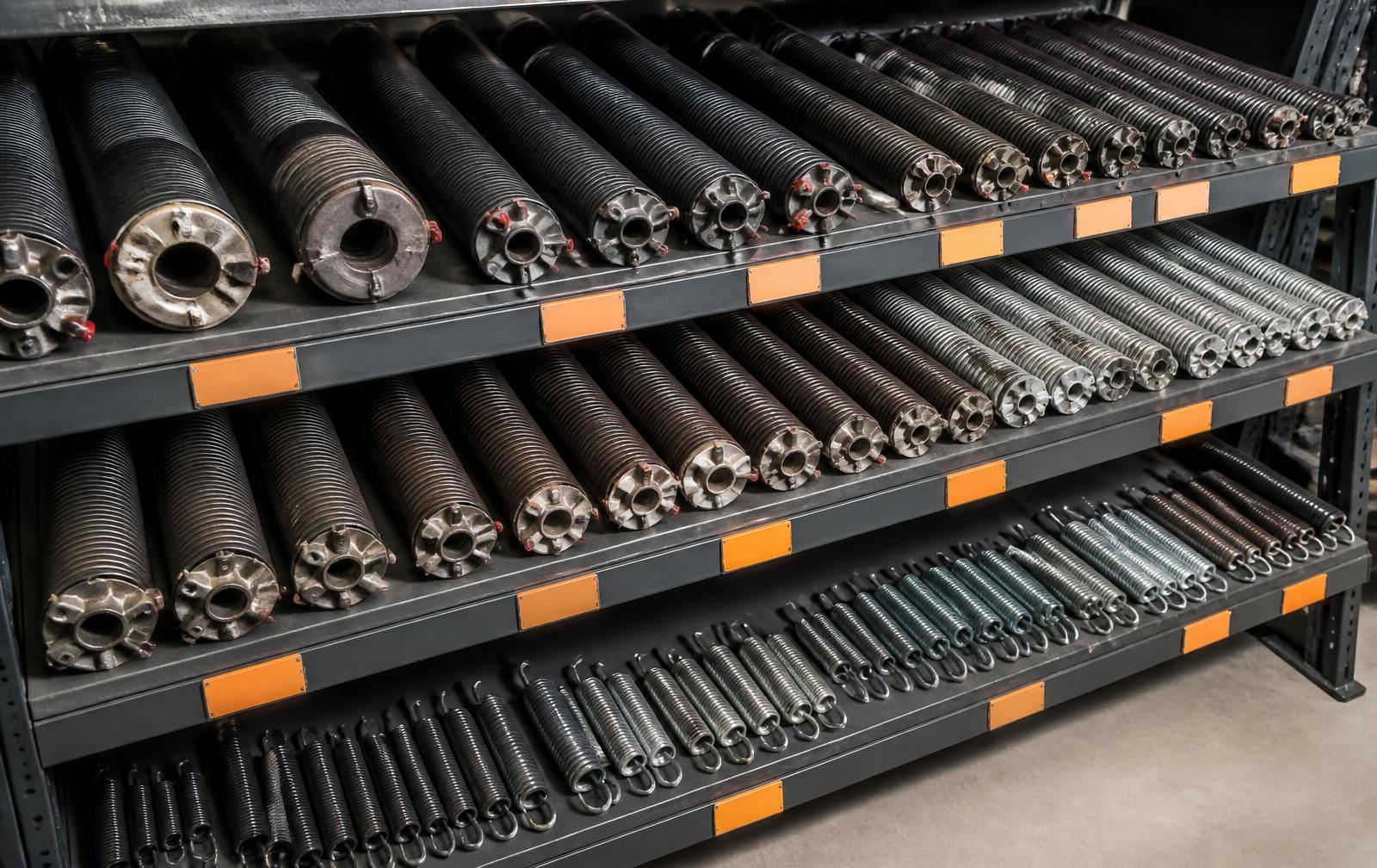 Wholesale torsion and extension springs organized by size on industrial shelving