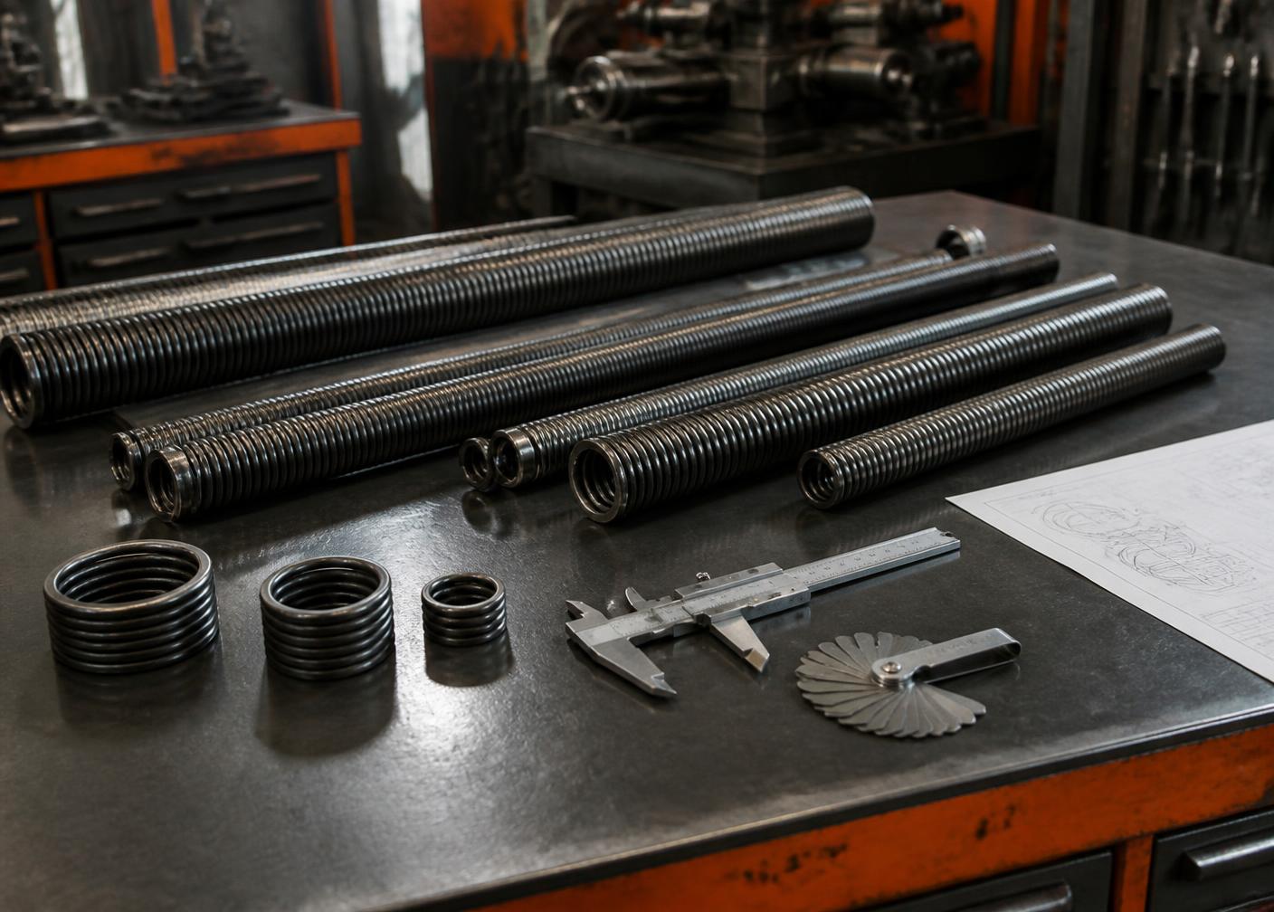 Custom garage door torsion springs with different diameters on an engineering bench with calipers