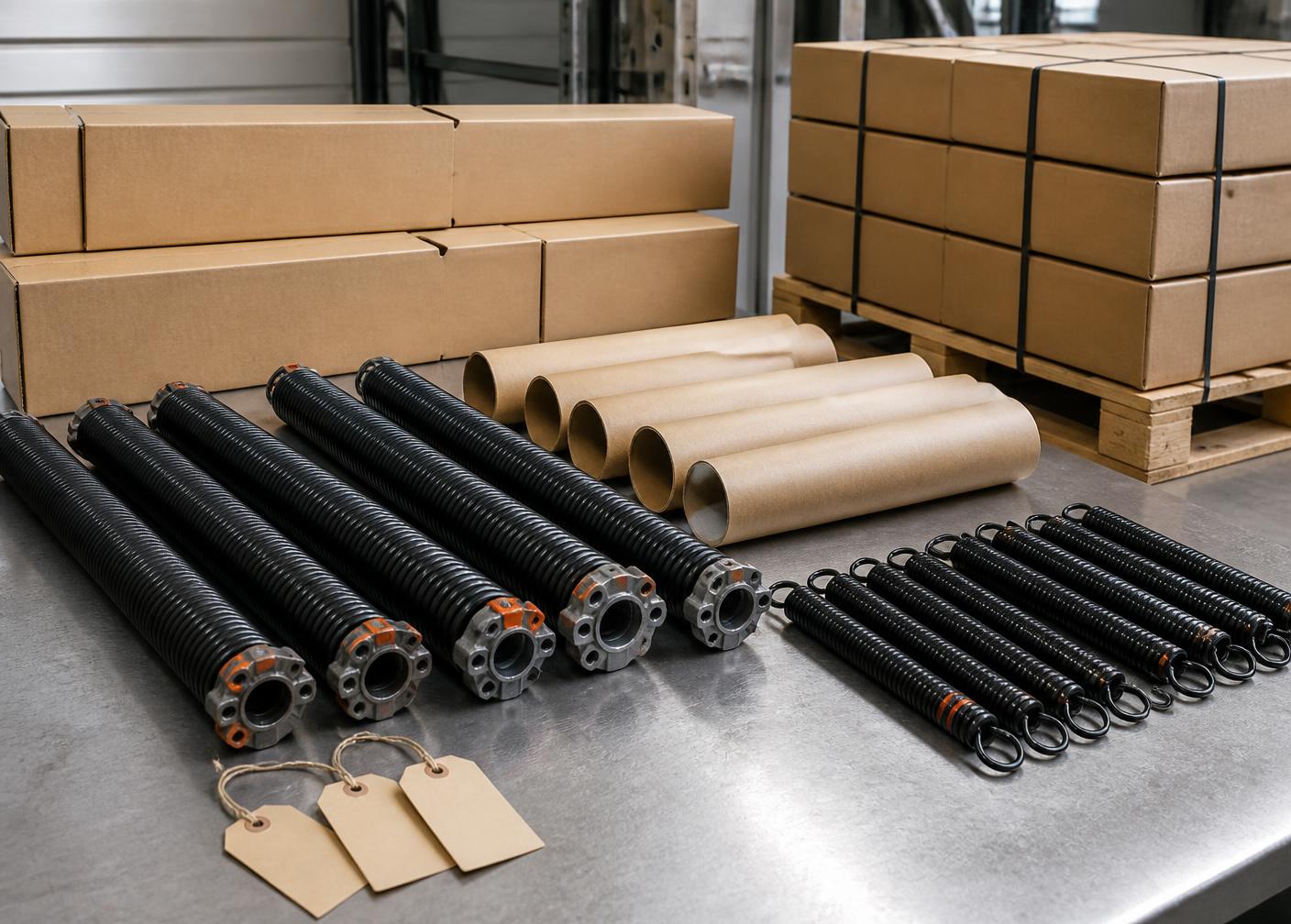 Garage door springs arranged with blank sleeves, tags, and cartons for private label packaging