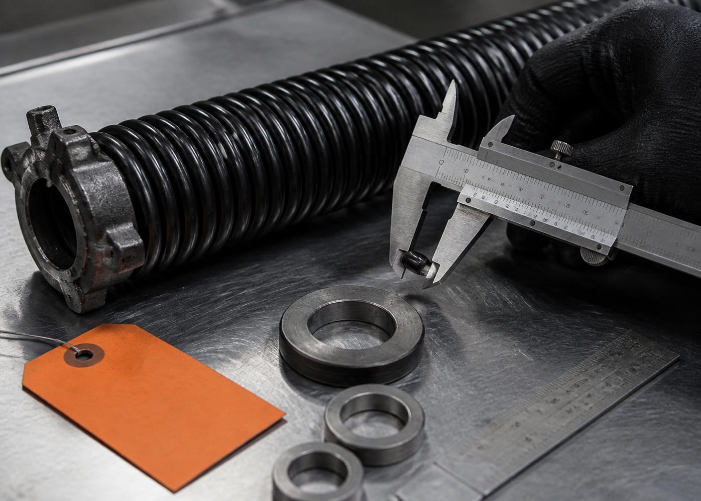 Calipers checking the wire diameter of a black garage door torsion spring
